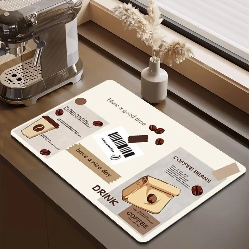 Coffee-Themed Tableware Drainer Mat Coffee Machine Absorbent Quick-Dry Non-Slip Coffee Bar Kitchen Countertop Home Decor Mat
