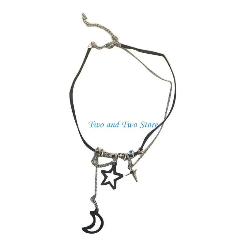 HX6F Star Moon Pendant Necklace Woven Rope Choker Fashion Jewelry Y2K Collar Necklace
