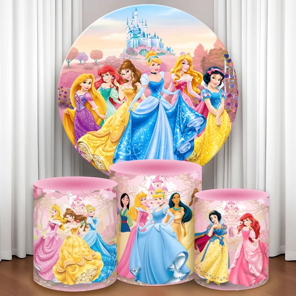 

Disney Princess Round Backdrop Cover Girls Birthday Party Decor Cylindrical Cake Tablecloth Cover Cartoon Photograph Background