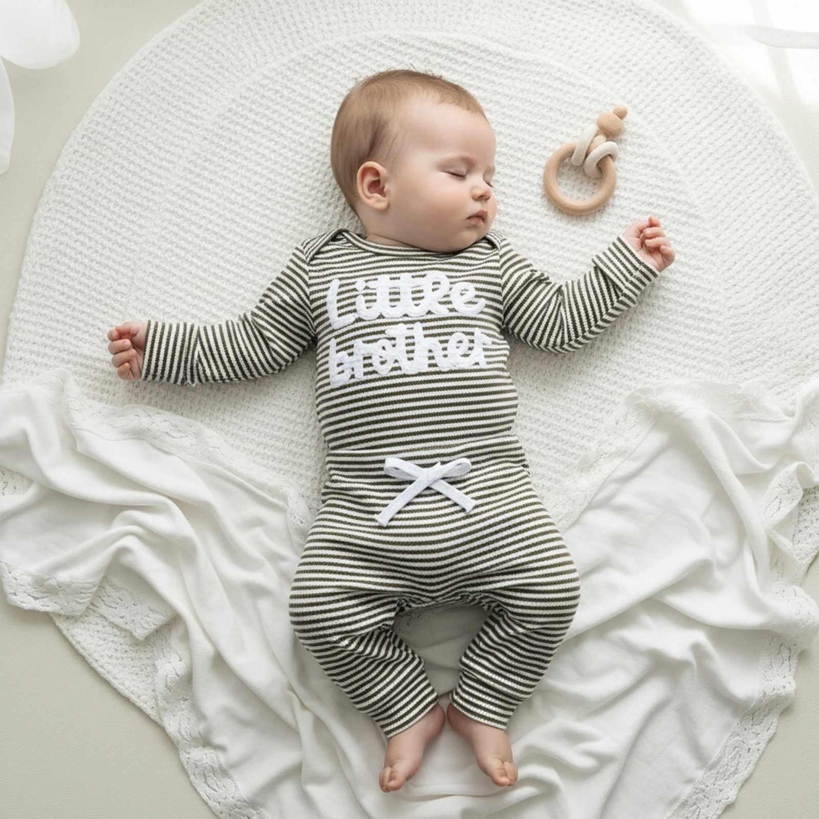 Baby Boy 2 Piece Outfits Fashionable Striped Letter Embroidery Long Sleeve Crew Neck Romper and Elastic Waist Pants Set