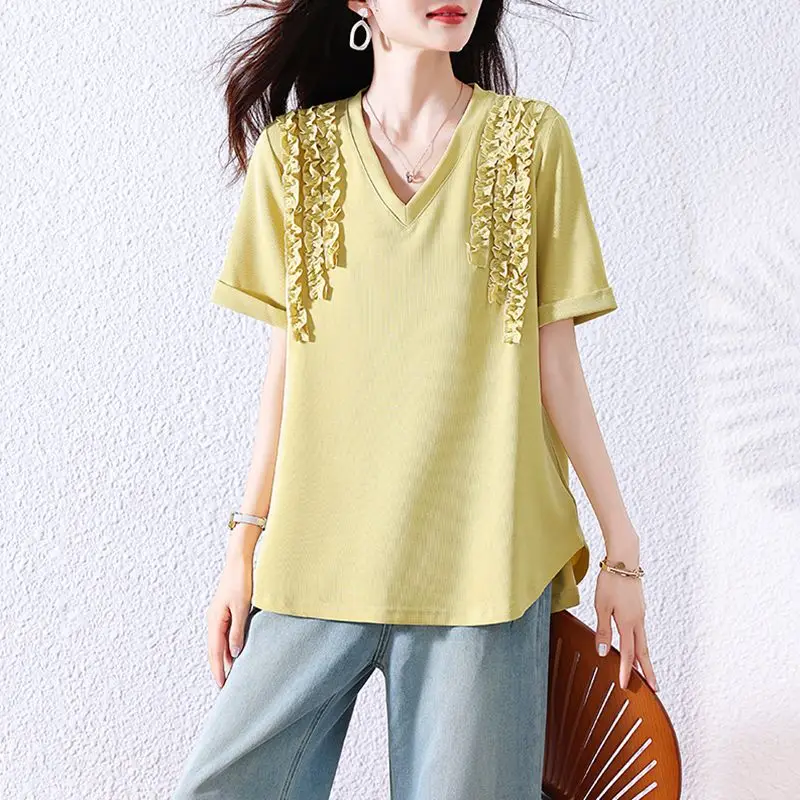 

V Neck Short Sleeve Fashion Womens Top Loose Slimming Youthful Tee