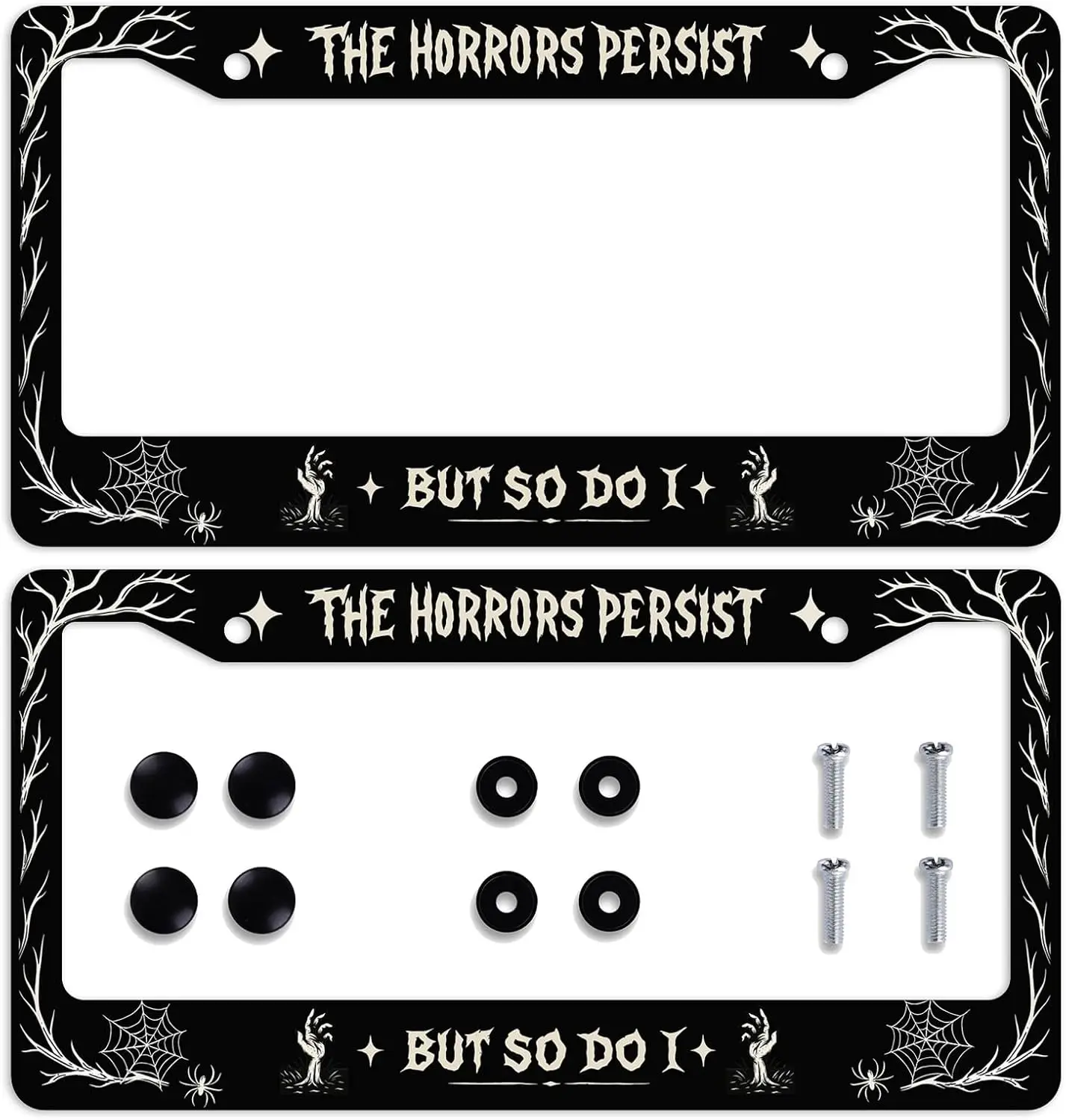 2 Pcs Horror Gothic License Plate Frame Horror Gothic Spooky Spider Web Skeleton Personalise Stainless Steel Metal Car Plates