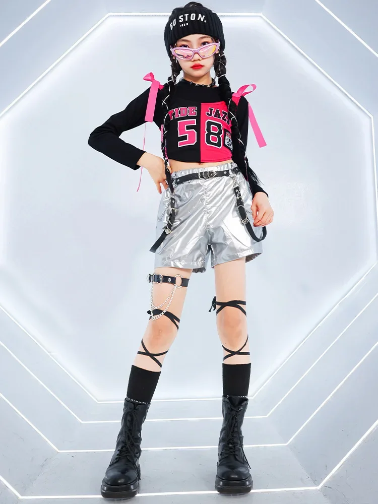Neues Mädchen-Hip-Hop-Crop-Top, glänzende Cargohose, T-Shirt, Street-Dance-Shorts, Kinder-Streetwear, Kinder-Jazz-Mädchen-Gruppen-Kleidungssets – Detail 8