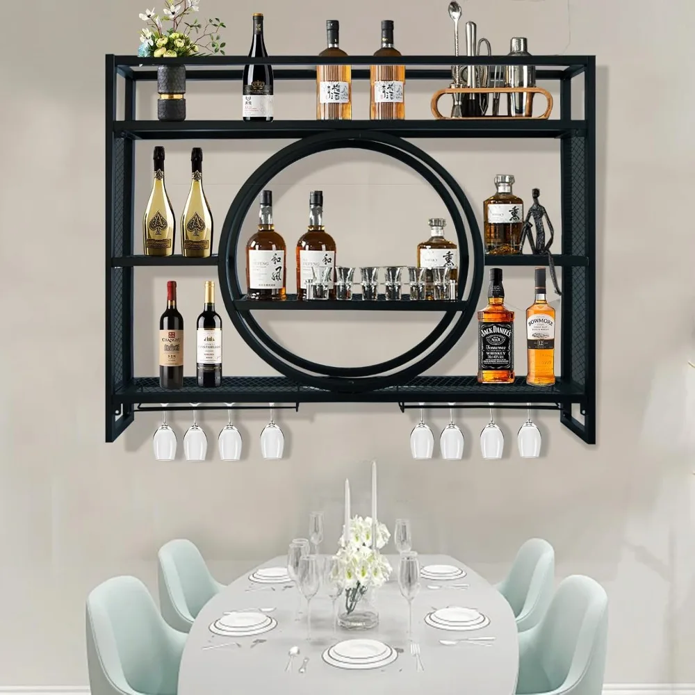 Wall Mounted Wine Rack, Hanging Metal Round Wine Rack Cabinet, Multifunctional Storage Rack, Vintage Style Wine Bottle Shelf, wi