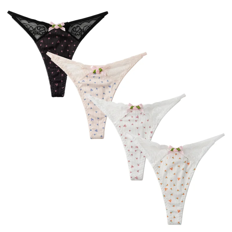 TrowBridge 4PCS Spitzen-Damenhöschen, Blumen-Tangas, Schleifendekor, niedrige Taille, dünne Träger, Damen-G-Strings, bequem, atmungsaktiv, T-Back
