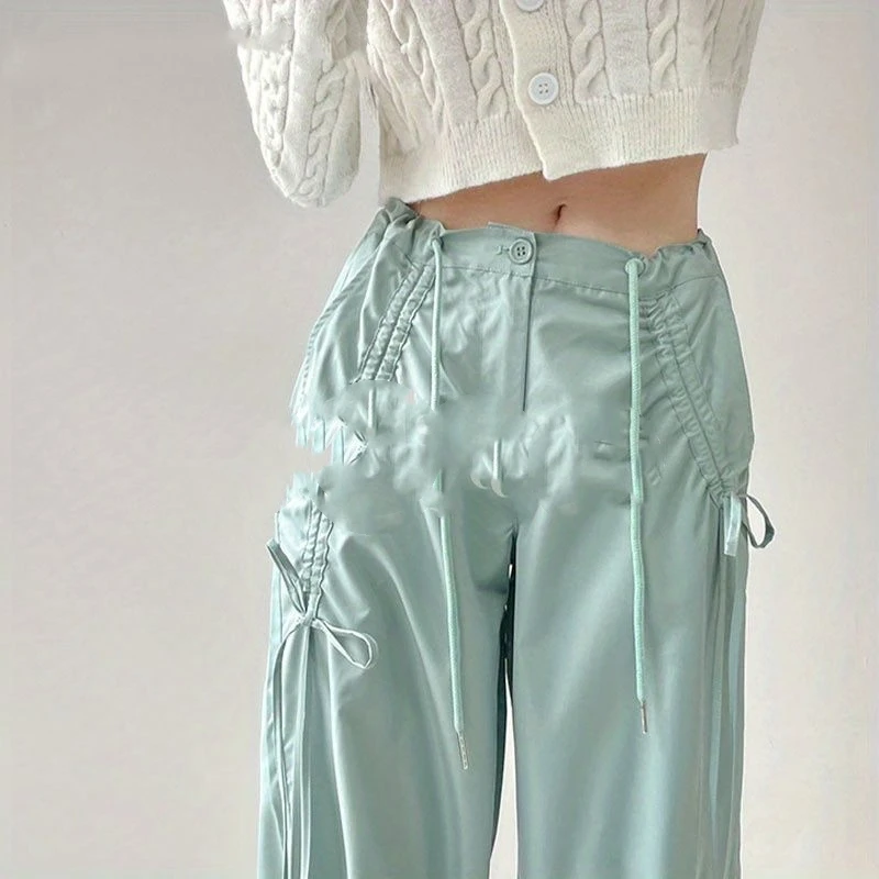 

Spring Summer New Solid Color Fashion Wide Leg Trousers Women Solid Color High Street Bow Button Pockets Drawstring Cargo Pants