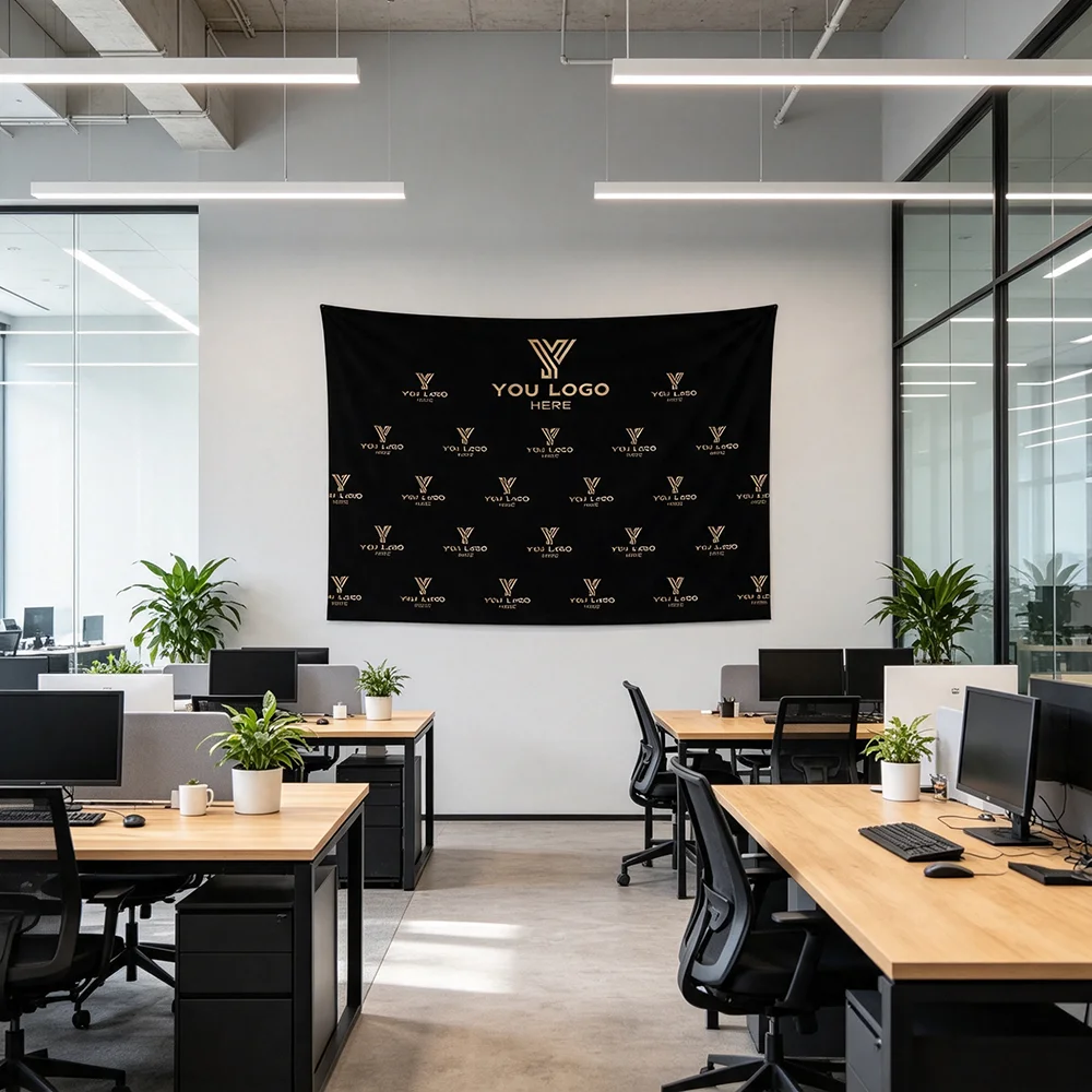 1PC Custom Black Gold Logo Tapestry Personalized Brand Image Repeating Pattern Wall Hanging Business Office Event Backdrop Decor