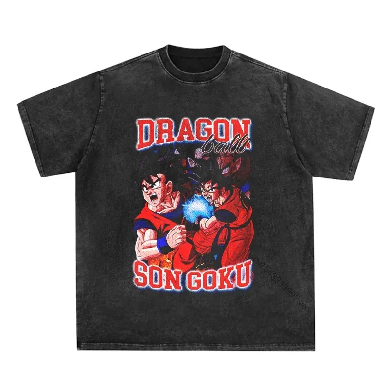 Men Hip Hop Streetwear Tshirt Washed Black Retro Vintage Dragon Ball Anime Graphic T-Shirt Japan Cartoon Anime T Shirt Cotton