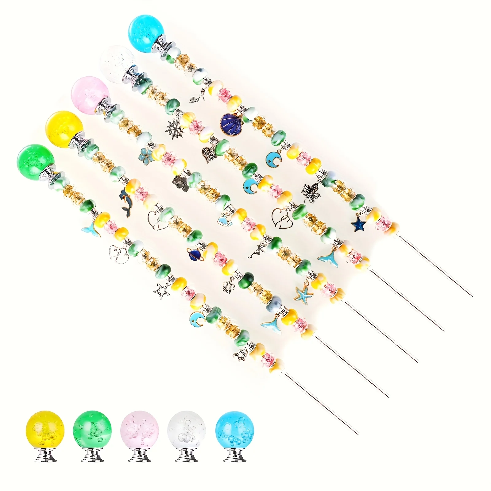5 sets of DIY fairy wand fairy magic wand bead string garden wooden stake plant stake kits - 5 round crystal tops, 25 decorative droplets, 100 beads, 5 stainless steel threaded rods and 5 nuts, very suitable for outdoor decoration and flower pots and flow