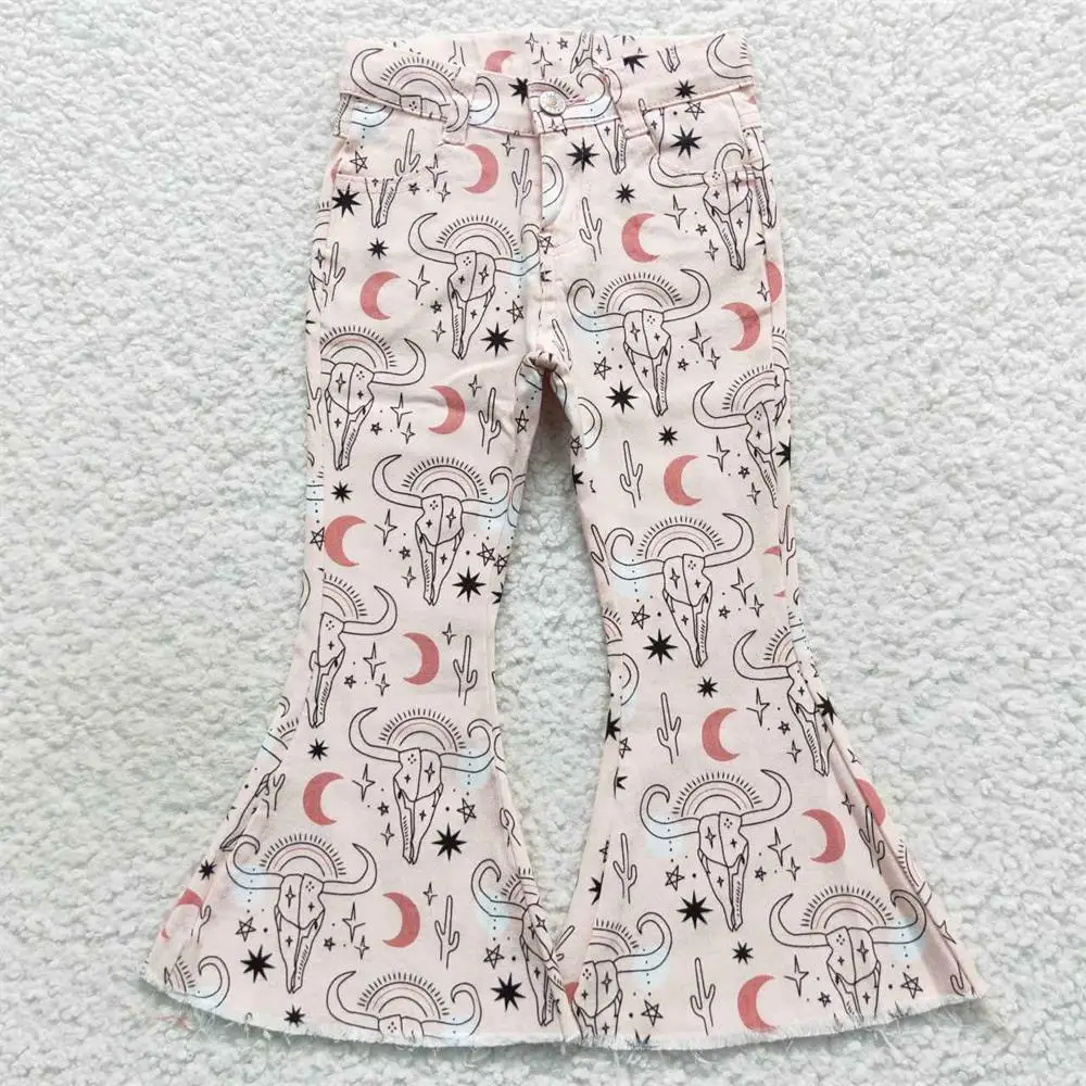 

Children Denim Jeans Western Kids Infant Pocket Cow Skull Cactus Toddler Zipper Bell Bottom Pants Baby Girl Trousers Clothing