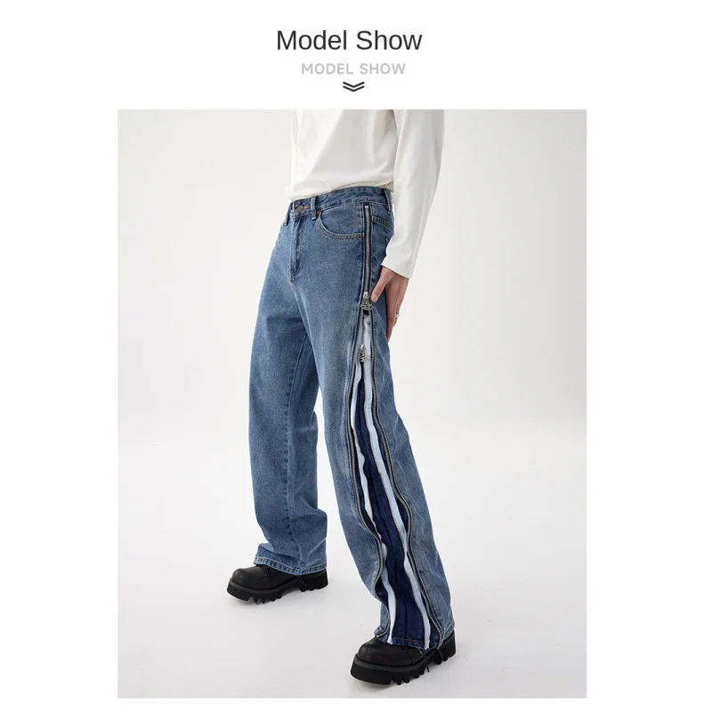 Jean Droit à Fermeture Éclair pour Homme, Pantalon Décontracté, Délavé, Bleu, Haut de Gamme, Coréen, Nouvelle Collection Automne 2024