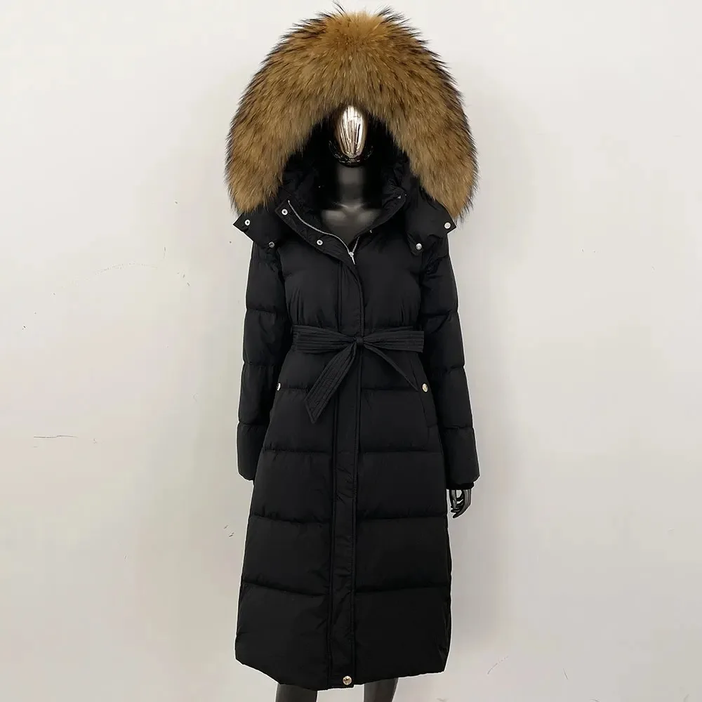 ريال فوكس الفراء طوق 2025 الشتاء الأبيض أوزة أسفل معطف مقنعين سترة فضفاضة المرأة سميكة الدافئة مربوط موضة جديدة معطف منتفخ