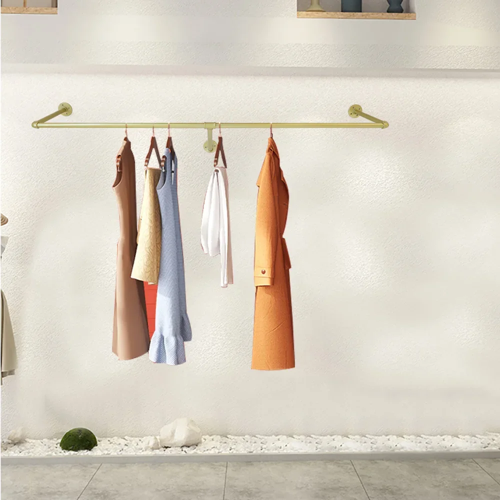 

Gold Wall Mount Clothing Rack - Durable Industrial Pipe Garment Rack for Closet, Bedroom, or Boutique Display (110 Lbs Capacity)