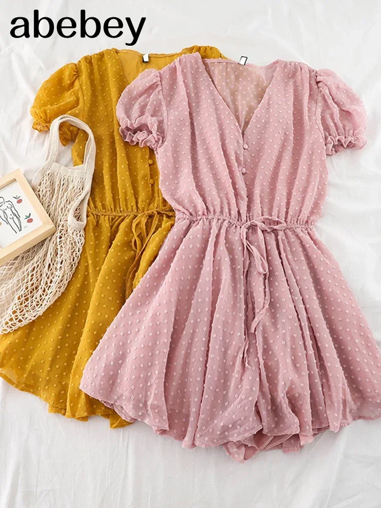 Women Dot Chiffon Rompers short sleeves Korean beach overalls bohemian loose casual summer wide leg pants playsuits