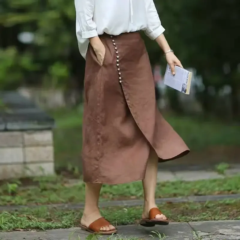 New Arrival Fashion Split Skirt Women Spring Summer Single Breasted Midi A-Line Skirts Vintage Asymmetric Slim Skirts Female