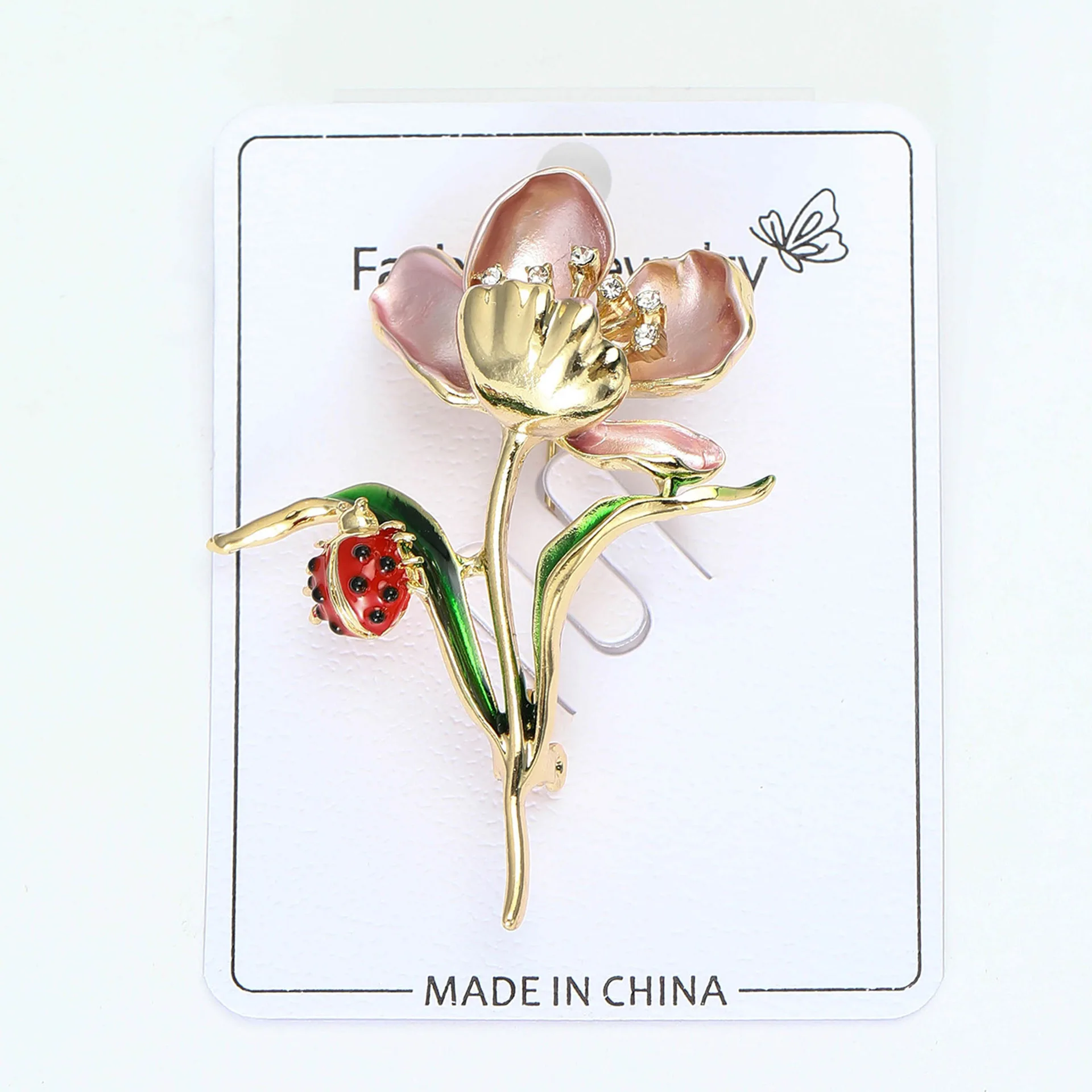 1PC fasion Enamel Flower Brooch with Red Ladybug Rhinestone Floral Lapel Pin Coat Hat Backpack Accessories Gift for Women Girls