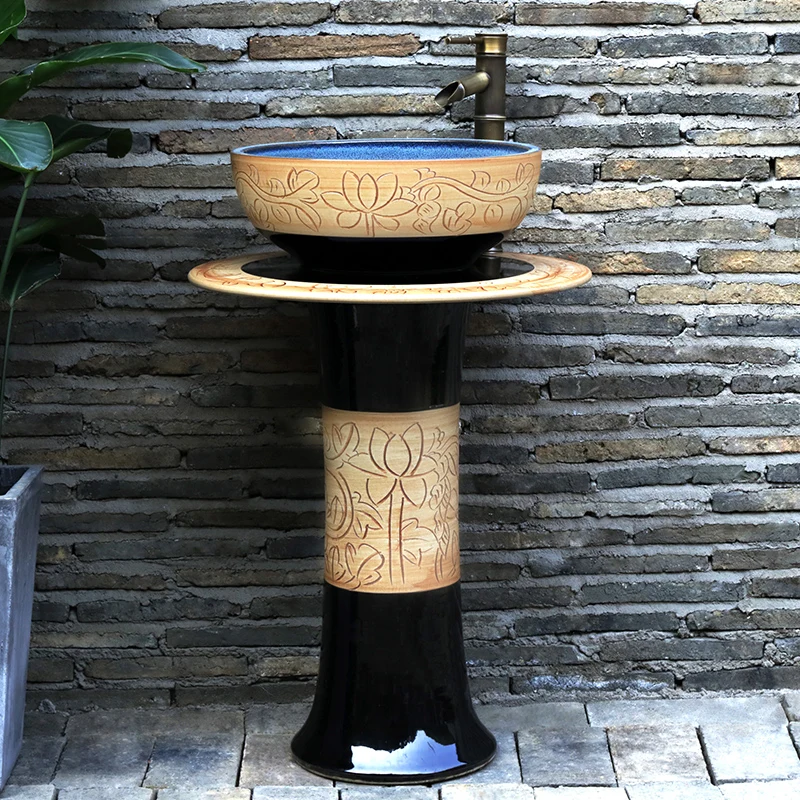 Retro lotus art column basin outdoor courtyard Chinese ceramics