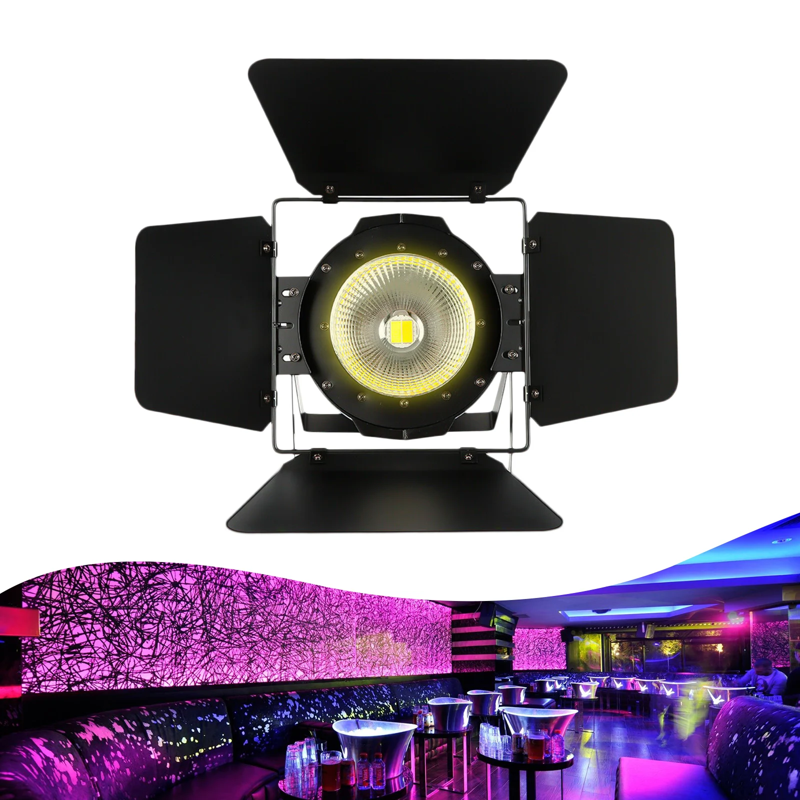 Luz de palco com portas de celeiro 200W COB DMX512 branco fresco e quente DJ Par Dance Party para teatro Uplight Concert Church Spotlight