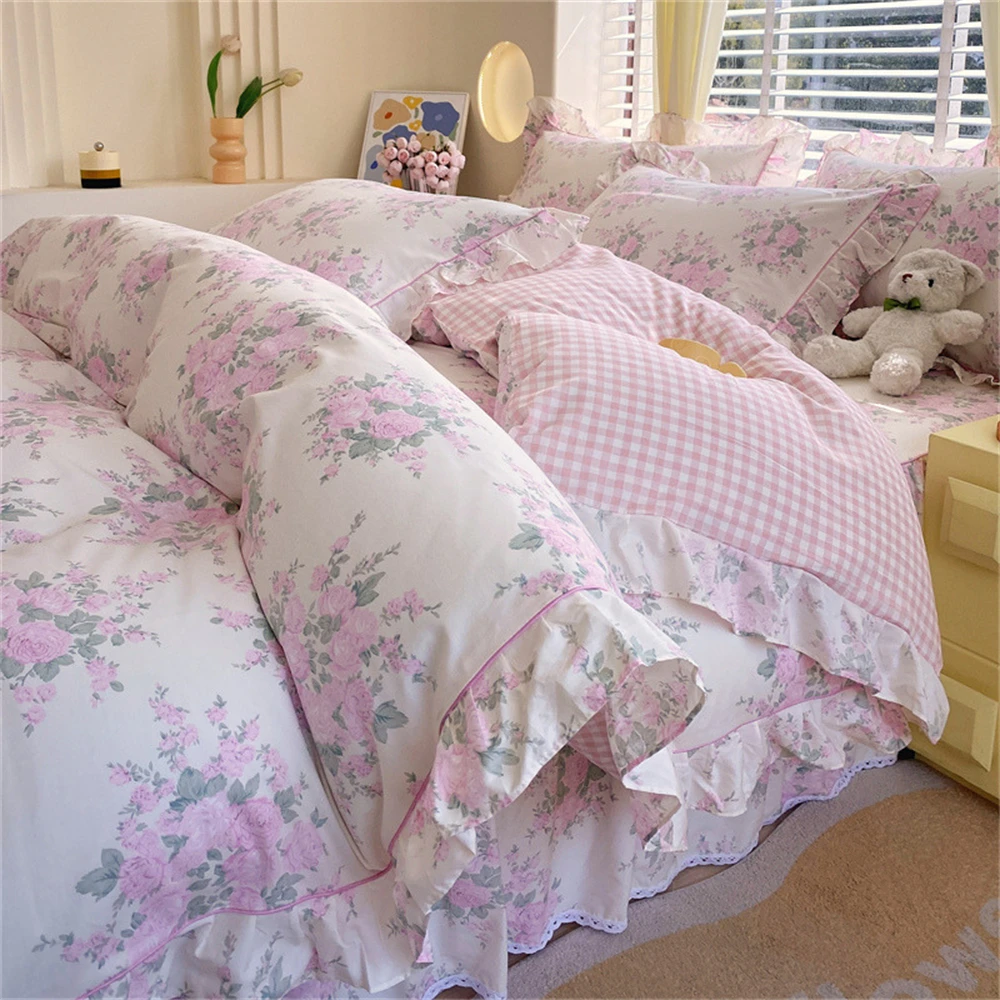 100% Cotton Duvet Cover Flower Printed housse de couette Korean Bed Cover with Ruffles Comforter King Quilt Covers No Pillowcase