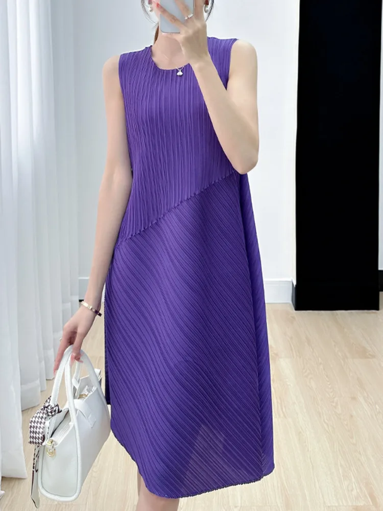 Miyake Women Pleated Sleeveless Irregular Dress Fashion Round Neck Solid Color A-Line Dresses Party 2023 New Vest Dress Clothing