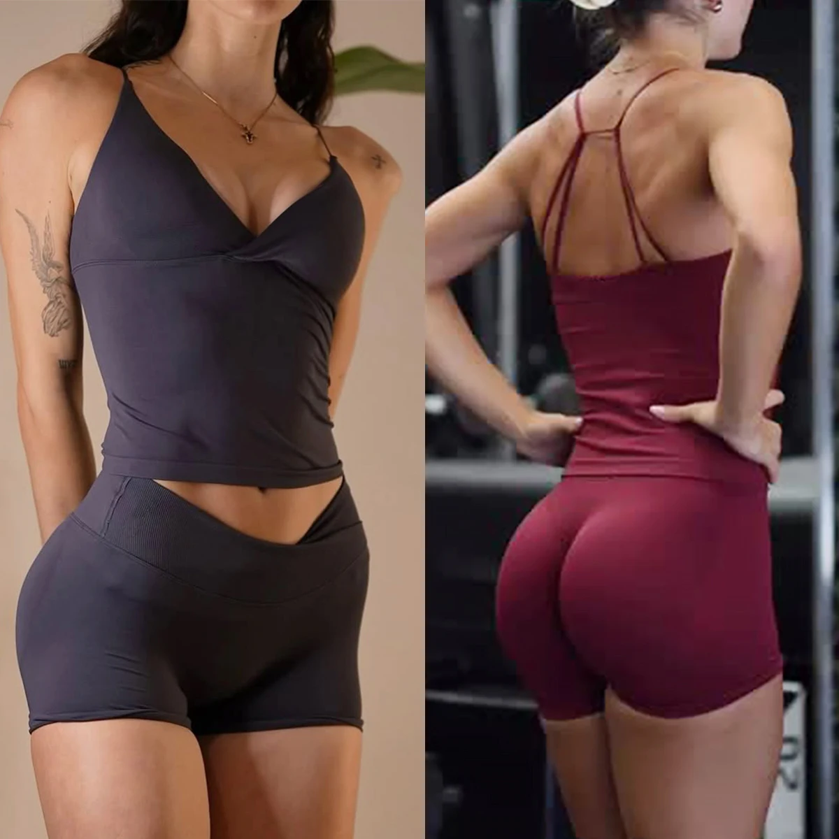 Vision 2PCS Gym Set Longline Strappy Vest & High Waist Scrunch V-Cross Seamless Shorts Fitness Underwear Women's Gym Clothes