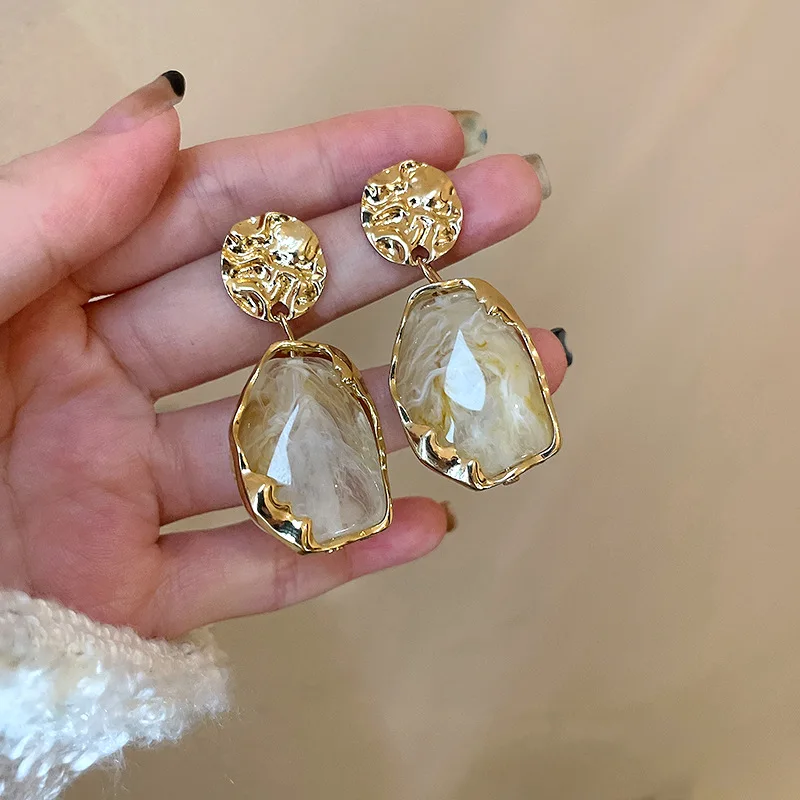Minimalist Chic Irregular Stone Dangle Earrings | Gold Plated Shiny Resin Drop Earrings | Perfect for Daily Party Gift Women