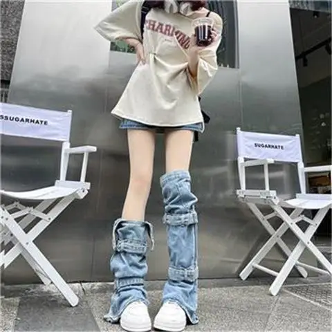 Harajuku Women Leg Warmers Socks Punk Rock Denim Adjustable Knee High Socks Japanese Fashion Streetwear Leg Cover