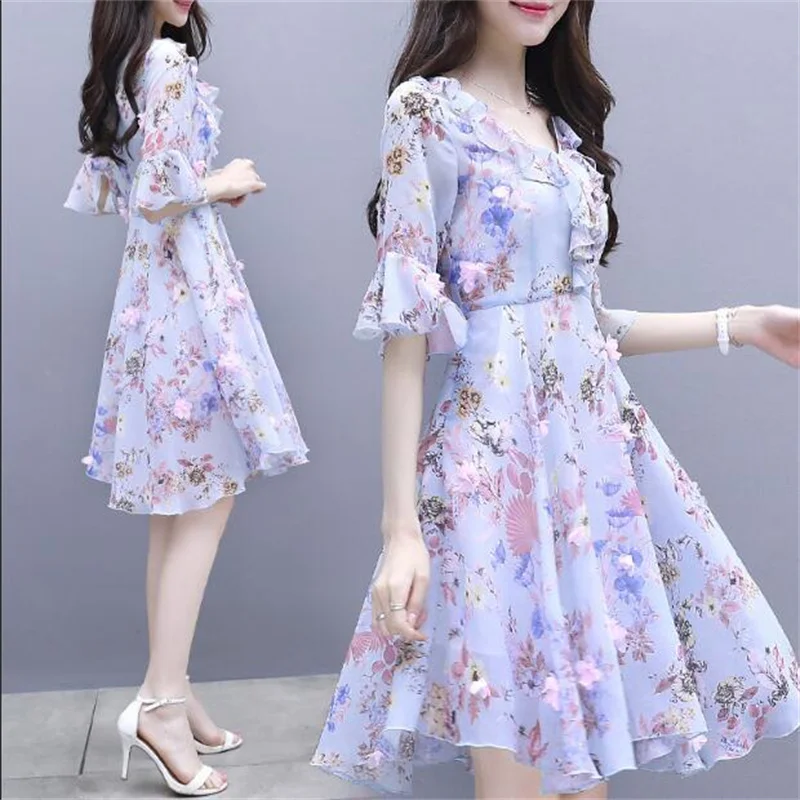 Women\'s New Fashion Ruffled Dress 2024 Summer Korean Fashion Slim Medium Long V-neck Chiffon Floral Dress Female A Word Skirt