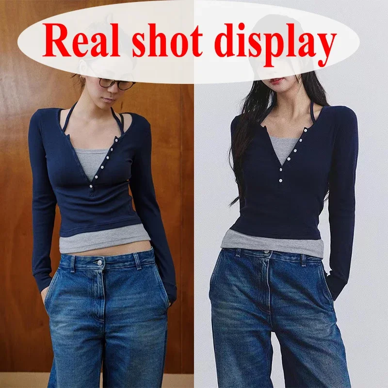 Xpqbb Camicette vintage Y2K Donna 2025 Primavera Nuova moda Patchwork Falso in due pezzi Camicie Donna Streetwear T-shirt a maniche lunghe