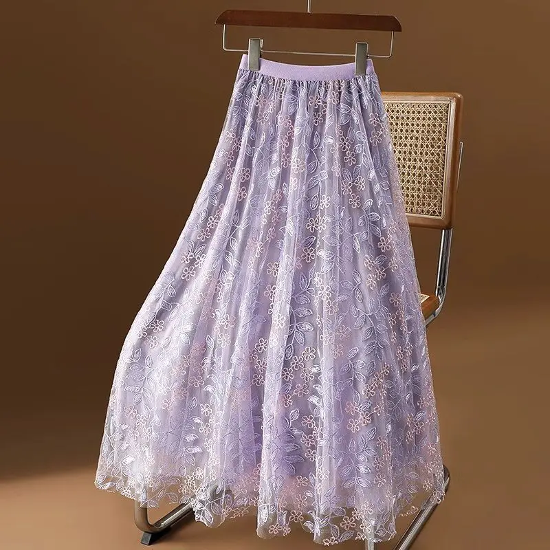 Summer Beach Vacation Purple Floral Chiffon Skirts For Women Elegant High Waist Elastic Embroidered Pink Loose A-line Midi Skirt