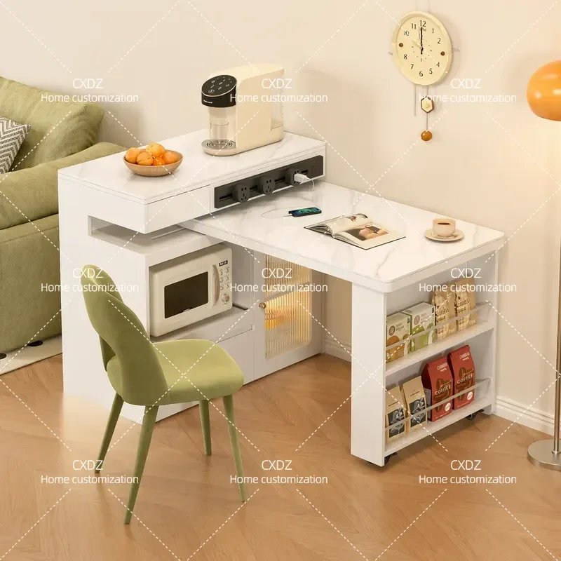 Solid Wood Island Dining Table with Retractable Rotating Sintered Stone Top Integrated Bar Counter for Small Apartment