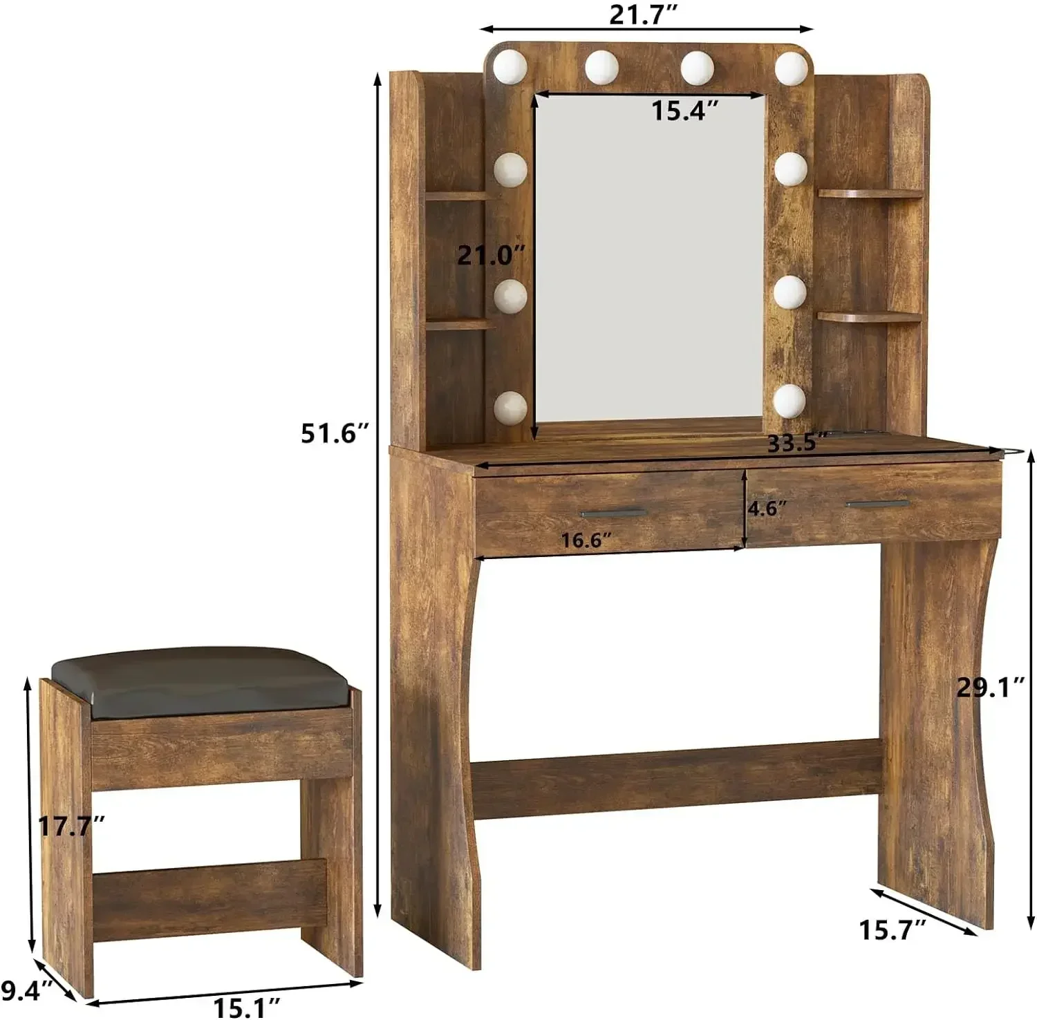 

Vanity Desk Lights,Makeup Vanity with Power Strip,Dressing Table Set 2 Large Drawers,Rustic Brown