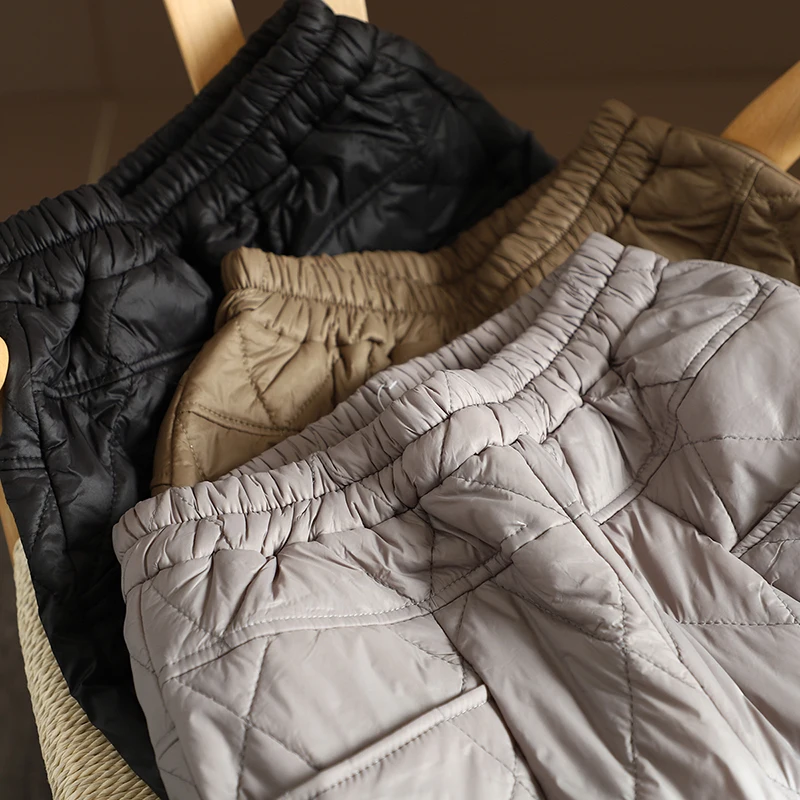 軽量ダウンコットンパンツ女性のためのファイオナブルダイヤモンド柄ハーランカフスズボン暖かいハイウエストロングパンツ