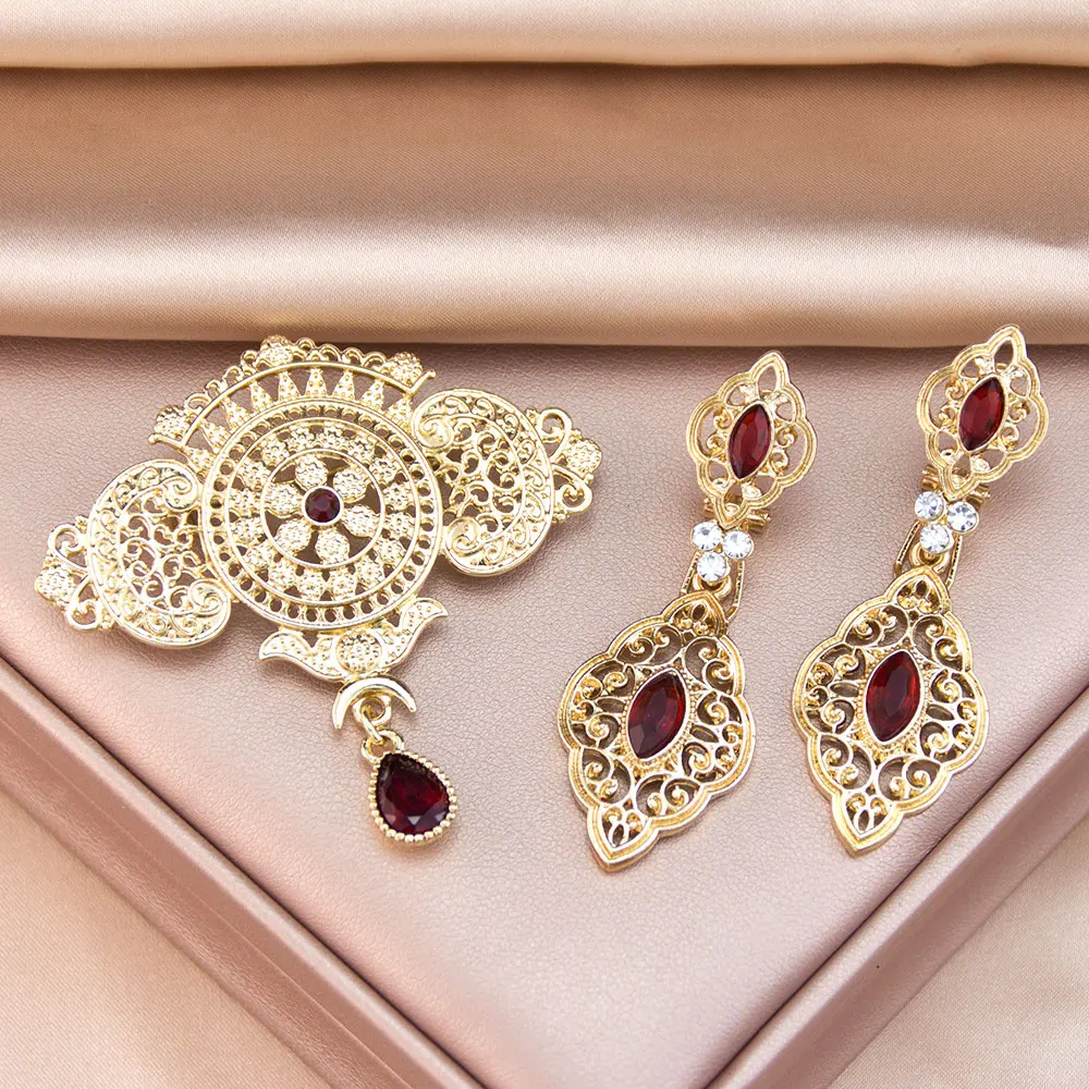 Elegante Frauen Tropfen Ohrring Hohl Brosche Schmuck Sets traditionelle Neue Jahr Bijoux Gold Farbe Arabisch Hijab Revers Broches Pins