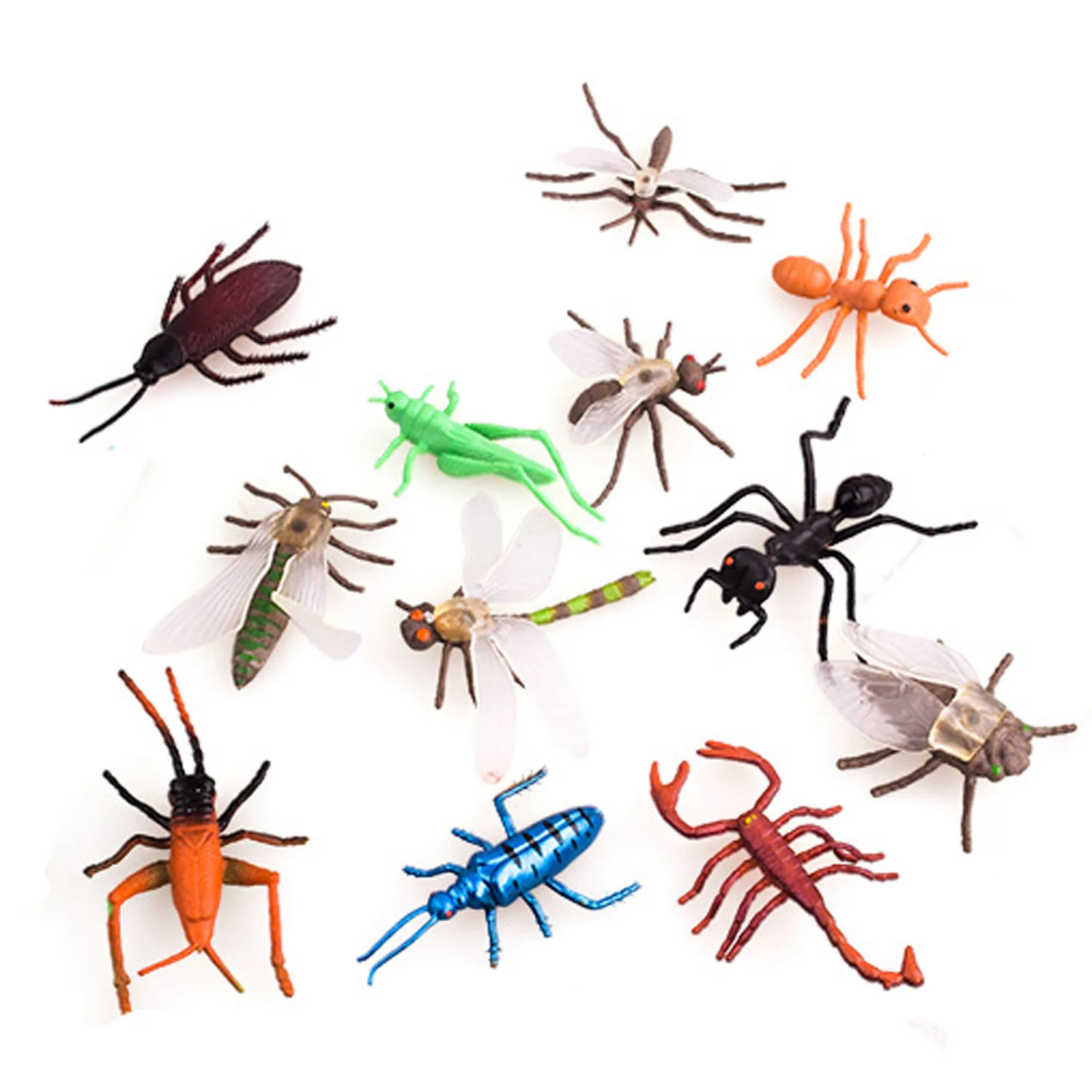 12PCS Simulation Plastic PVC Mini Insect Animals Models Spider Cockroach Beetle Grasshopper Dragonfly Ant Mantis Educational Toy