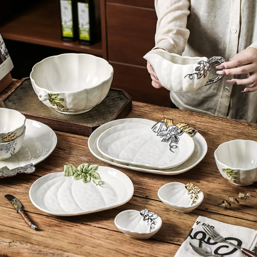 3D Embossed Pumpkin Ceramic Tableware Set Relief Pumpkin Leaf Design Bowl Plate Sauce Dish Gravy Boat Creative Home Kitchen