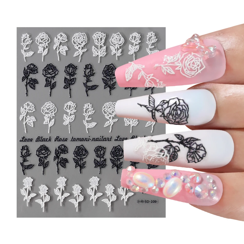 Autocollants 5D en Relief pour Nail Art, Décalcomanies Mignonnes, Motif Amour, Cœur, Étoile, Rose, Fleurs, Gelée, Dessin Animé, Lapins, Lignes, Curseur de Manucure