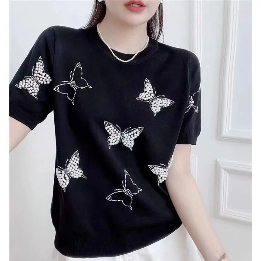 

2026 New Women Elegant Pearl Butterfly Tee Summer Thin Ice Silk Knitted T-shirt Ladies Casual Thin Comfortable Breathable Shirt