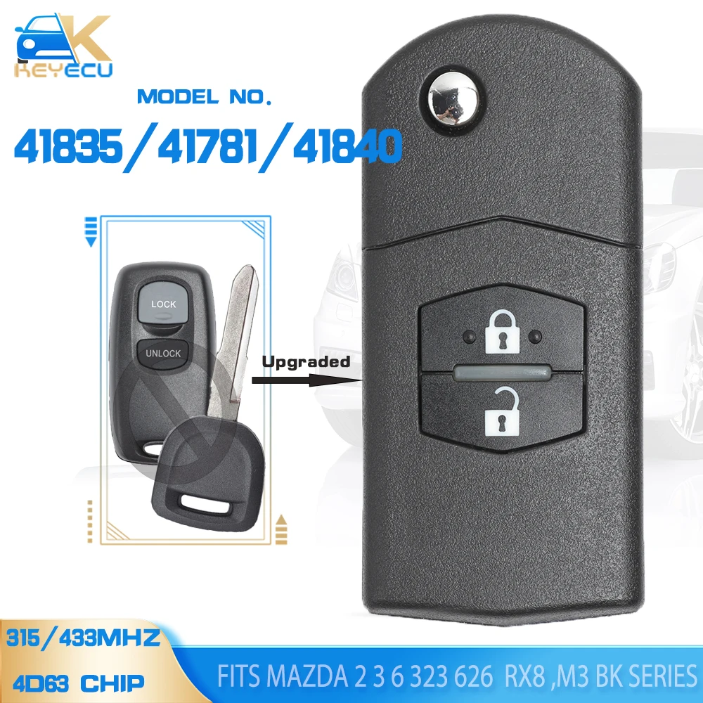 KEYECU 41840,41835, kunci Remote Flip yang ditingkatkan 41781 MHz/315MHz 4D63 2B untuk Mazda 433 323, M2 3 6 626 323 MVP M3 BK Model 626