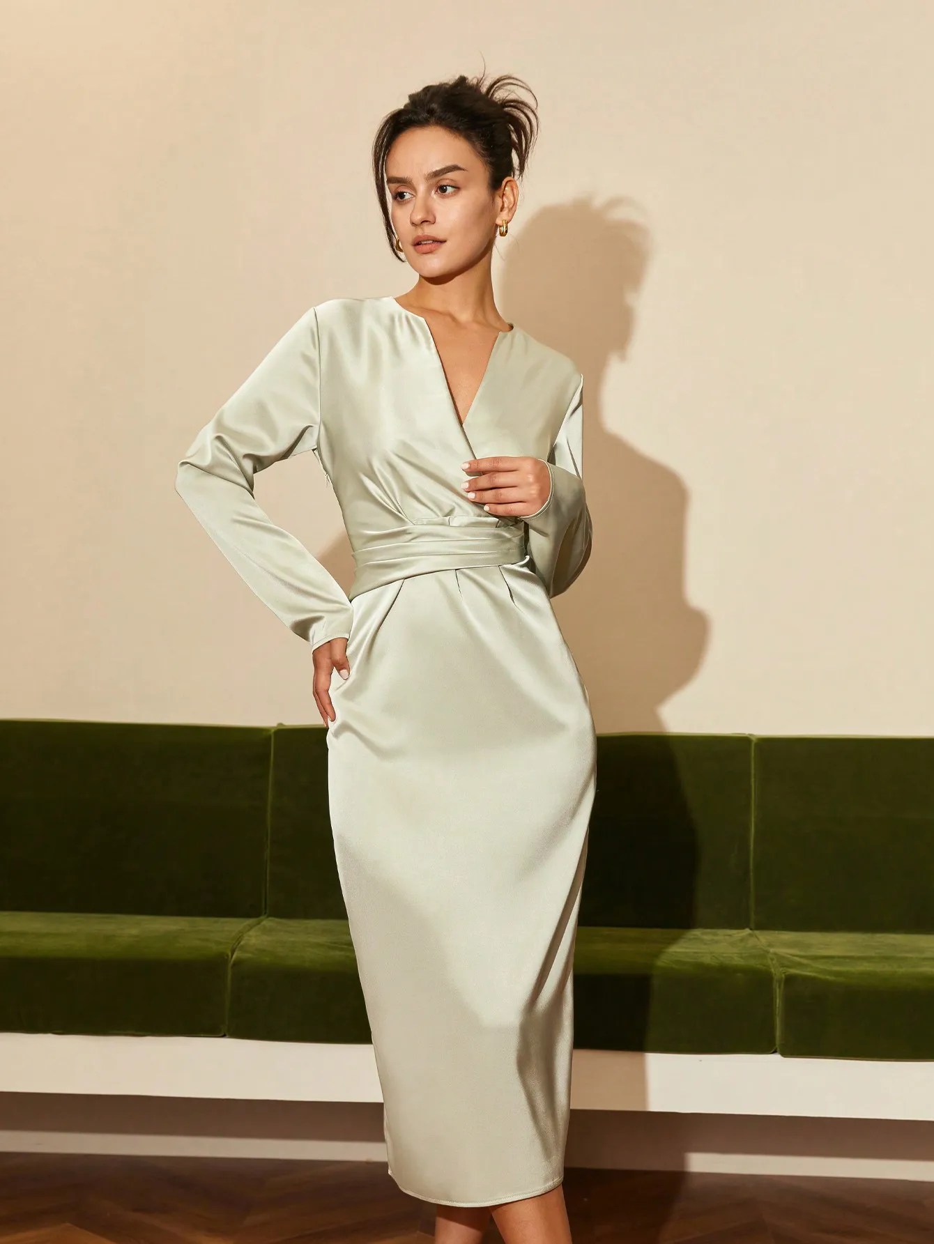 AEL Woman Fashion New Casual Elegant V Neck Long Sleeve High Waist Dress Solid Surplice Neck Tie Back Satin Dress