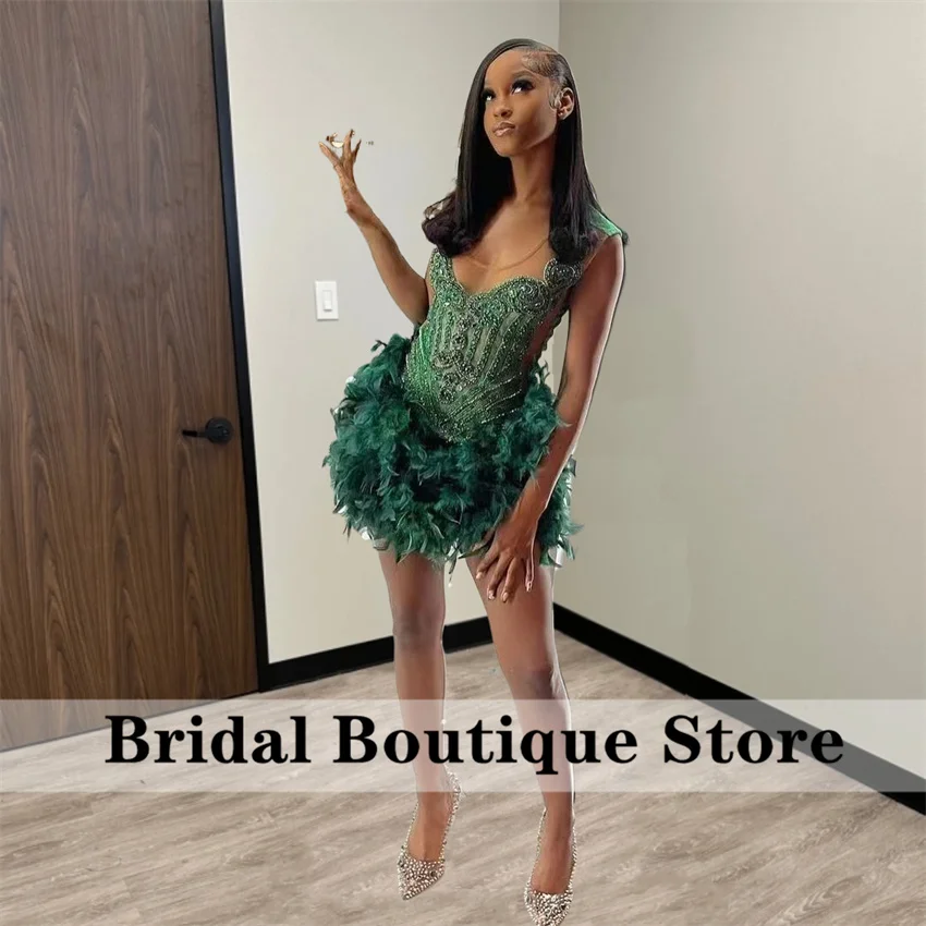 Glitter Green Prom Dress For Balck Girls Beads Feather Birthday Party Cocktail Gowns Custom Homecoming Customized