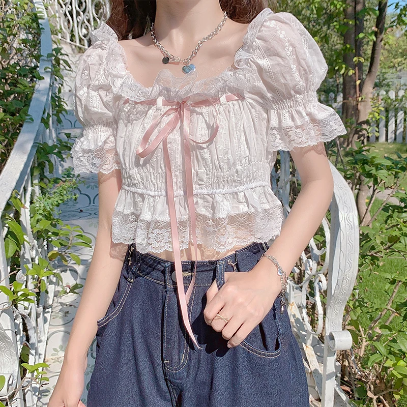 Summer Japanese Lolita Kawaii Blouse Women Lace Pink France Sweet Cute Blouse Female Puff Sleeve Korean Style Crop Tops 2023 New