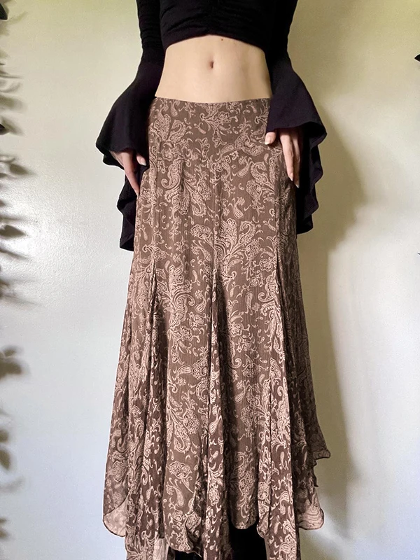 

Коричневая асимметричная сетчатая юбка в стиле ретро, облегающая облегающая юбка с волнистым рукавом, длинная юбка из полиэстера с низкой талией H-образной формы