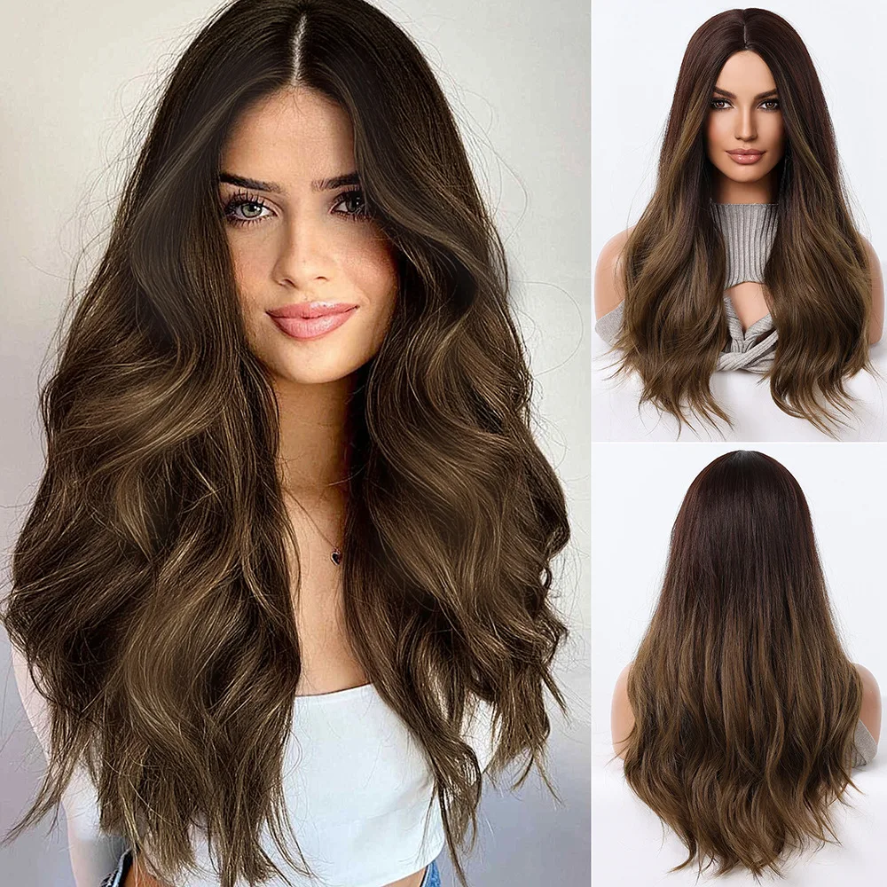 

Popular wig female medium point gradual change brown long curly hair European and American fashion daily women wig full headgear