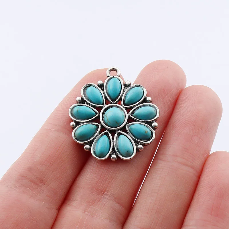 

ZXZ 6pcs Tibetan Silver Turquoises Stone Flower Charms Pendants For Necklace Earrings DIY Jewelry Making Findings 28x25mm