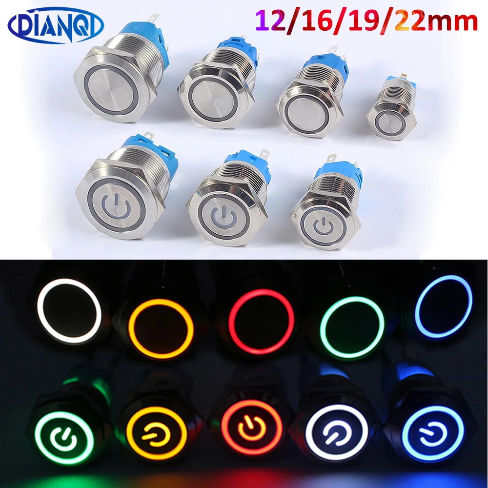 12/16/19/22mm Waterproof Metal Push Button Switch LED Light Momentary Car Engine Power Switches 5V 12V toggle 220V Volt