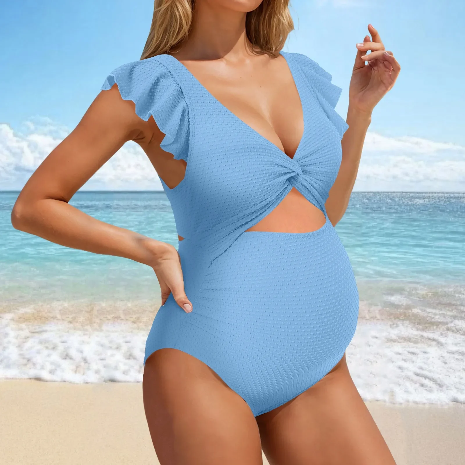 편안한 임신 수영복 솔리드 컬러 특수 패브릭 원피스 수영복 간단한 프릴 가장자리 여성용 비치 의류