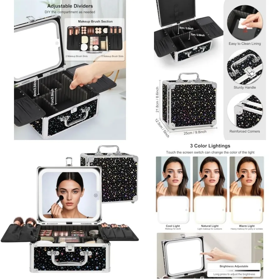 

Makeup Bag with LED Mirror, Makeup Box Travel Train Case with Rechargeable Lighted Mirror, Cosmetic Brush Organizer Storage for