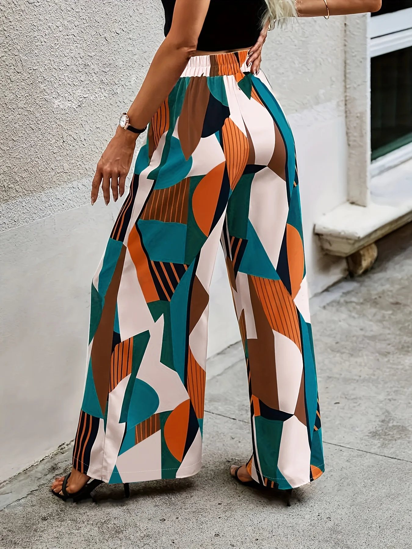 여성용 하이웨이스트 신축성 있는 허리밴드 기하학 무늬 와이드 팬츠, 캐주얼 스타일리시 바지