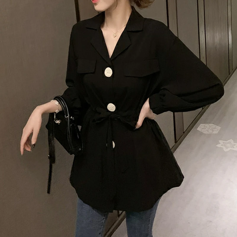 Women Trendy Lace Up Elegant Button Up Shirt Casual Street Chic Loose Blouse Solid Long Sleeve Tops Spring Autumn Korean Blusas